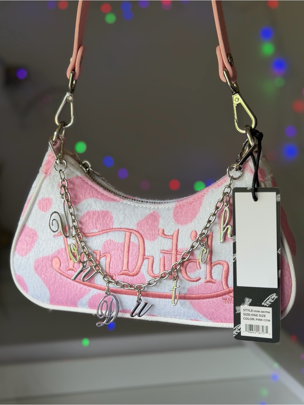 Von Dutch Light Pink Cow Print Country Western Y2k Shoulder Bag Charm Retro